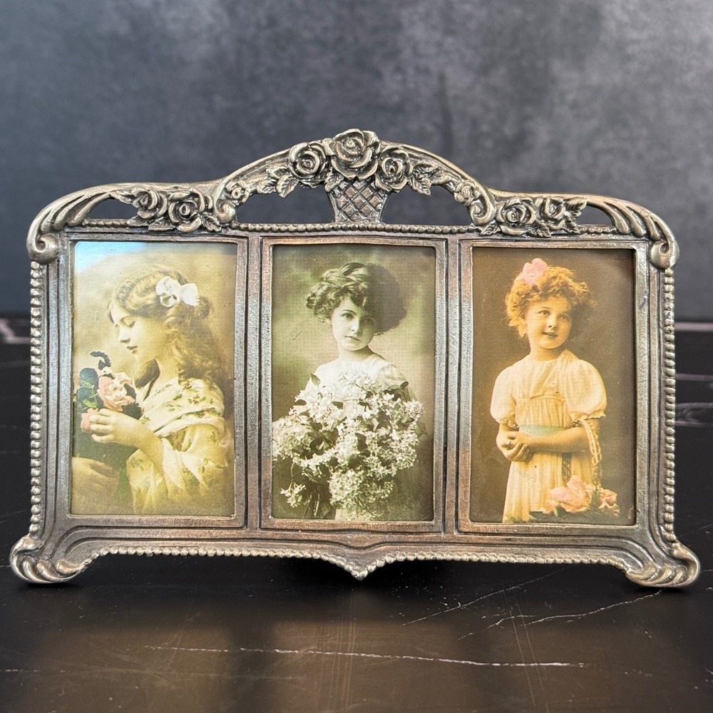 Vintage Papel‎ 90s Floral Pewter Baroque Frame Holds 3 Wallet Photos 1.5"x2.5"